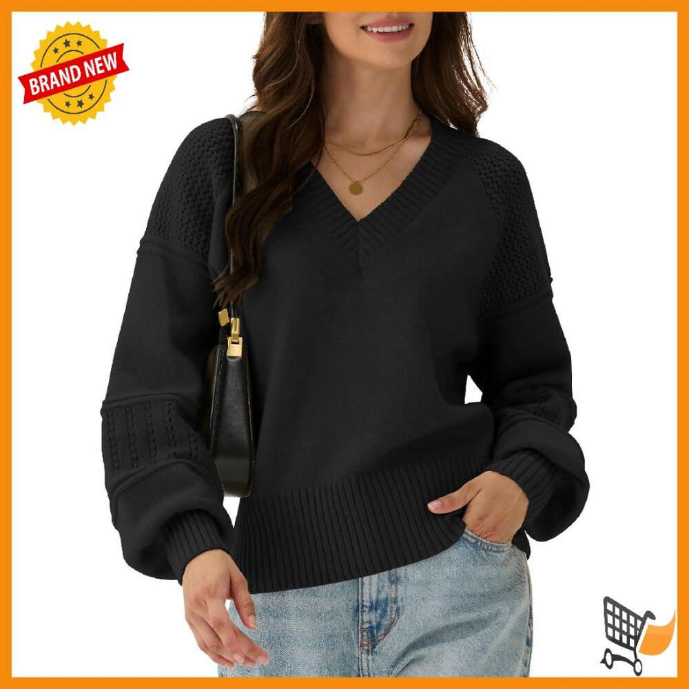 Cropped Chunky V-Neck Sweater - Cozy Fall Winter Pullover - Size S